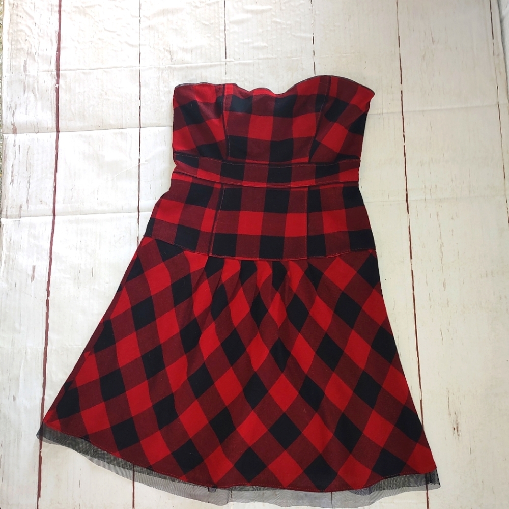 America Eagle red and black plaid strapless dress size 4